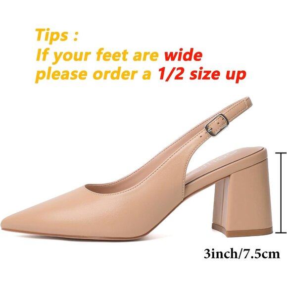 Women's Nude Pointed Closed Toe Slingback Chunky Heels Office Work Pump Shoes - Picture 5 of 9